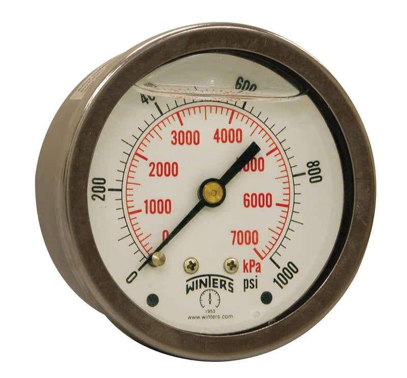 Winters 2-1/2" Dial Size, Liquid Filled Industrial Pressure Gauge, Brass Internals, Stainless Steel Case, Dual Scale 0-1,000 psi/kPa, 1.5% Acc, 1/4" NPT Back Mount, Glycerin Filled Pressure Gauge